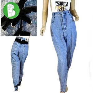 VINTAGE 1990'S ZANA DI HIGH WAIST CORSET ANKLE  BLACK VELOUR ACCENT JEANS (20)